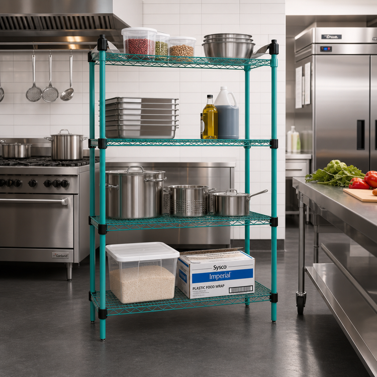Product image #2 for EagleGard Quad-Adjust 4-Tier Stationary Wire Shelving Starter Unit, 36W x 24D x 74H, Blue-Green Hybrid Epoxy Finish