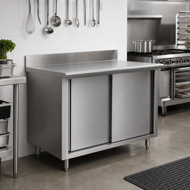 Product image #2 for Eagle Spec-Master 96-Inch x 24-Inch Enclosed Stainless Steel Work Table with Sliding Doors and 4-1/2-Inch Backsplash