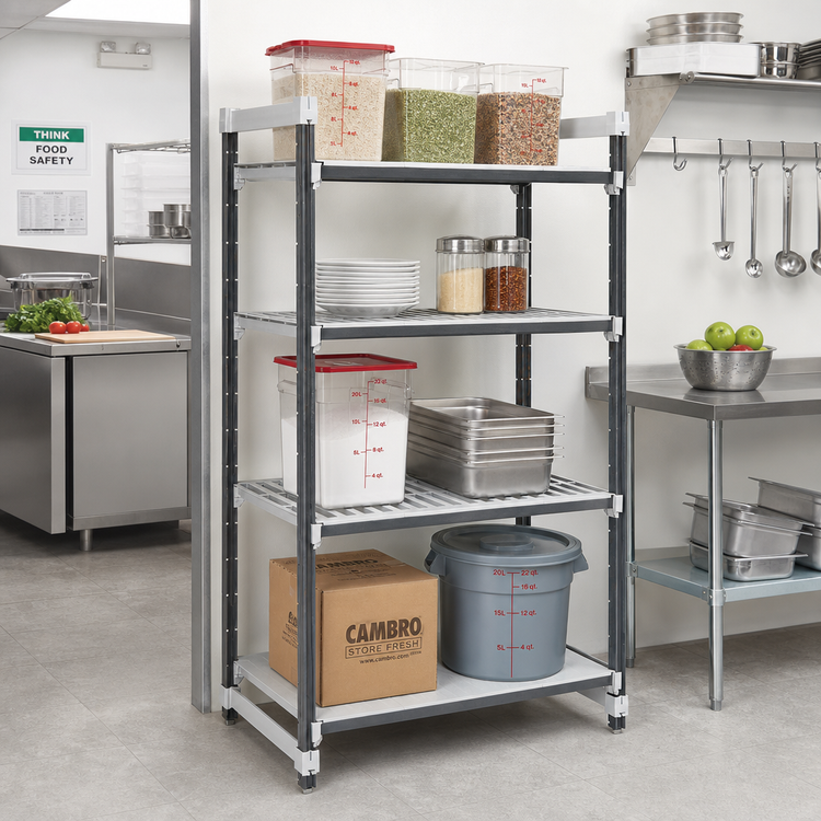 Product image #2 for Cambro Camshelving Elements XTRA Polymer Shelving Starter Unit, 21 x 42 x 64 Inches, 4-Tier, 3 Vented + 1 Solid, Speckled Gray