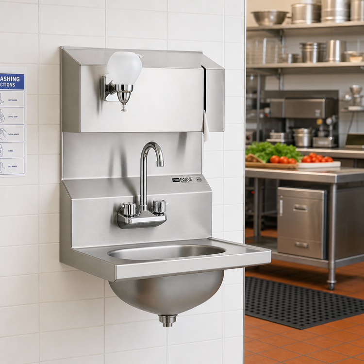 Product image #2 for Eagle Group Wall-Mount Hand Sink with Towel and Soap Dispensers, Splash-Mounted Gooseneck Faucet, Basket Drain, and 13-1/2" x 9-3/4" Bowl