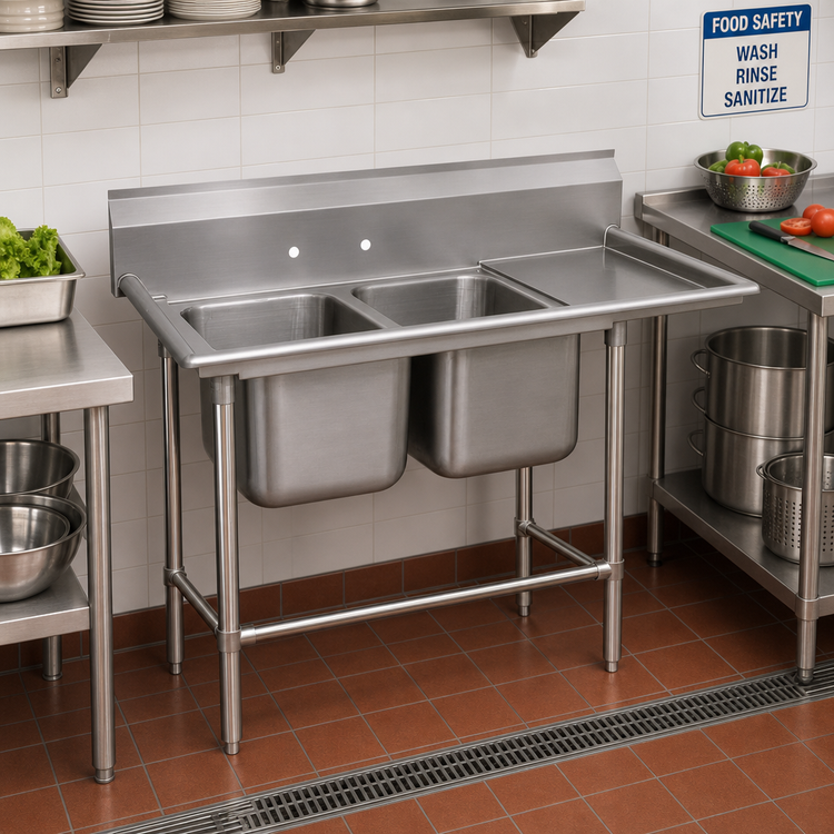 Product image #2 for Advance Tabco Regaline 2-Compartment Sink with Right-Hand Drainboard, 20" x 28" Bowls, 14-Gauge 304 Stainless Steel