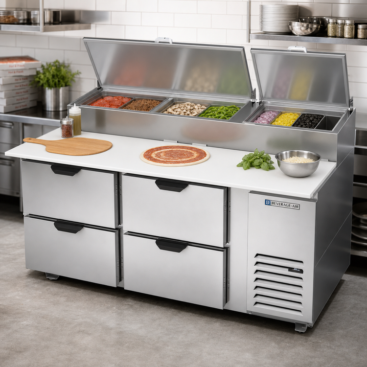 Product image #2 for Beverage-Air DPD72HC-4 Two-Section Refrigerated Deli/Pizza Prep Table with Four Drawers, 72-Inch Top, and 19-Inch Cutting Board