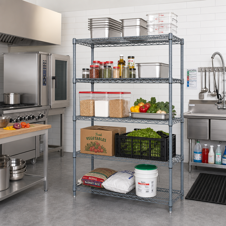 Product image #2 for Quantum Stationary Gray Epoxy Wire Shelving Starter Kit, 60 x 21 x 54 Inches, 5 Shelves