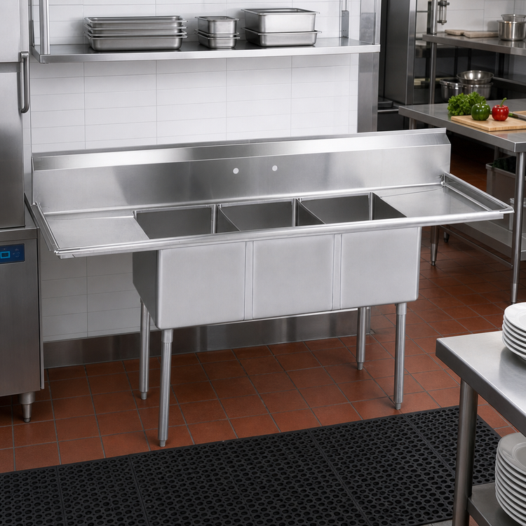 Product image #2 for BK Resources 84-Inch Three-Compartment Stainless Steel Sink with Dual Drainboards