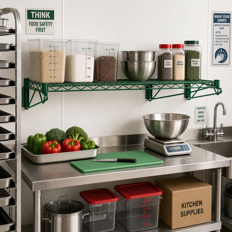 Product image #2 for Quantum Wall-Mounted Cantilever Single Wire Shelf, 60 x 24 Inches, Green Epoxy Antimicrobial Finish