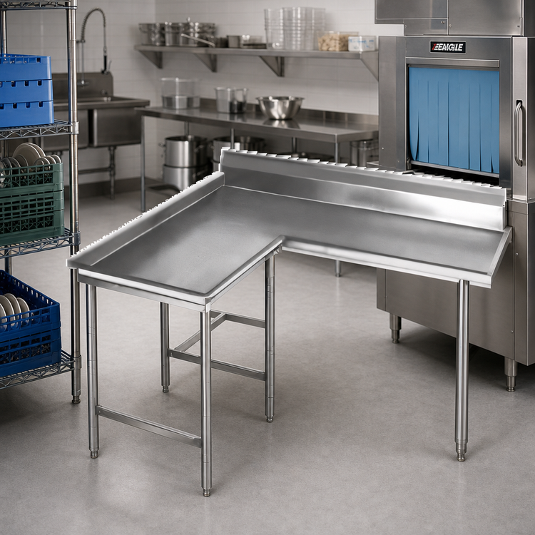 Product image #2 for Eagle Group Island Clean Dishtable, 48 Inch Machine-to-Corner x 60 Inch Corner-to-End, 30 Inch Working Depth, 16/304 Stainless Steel