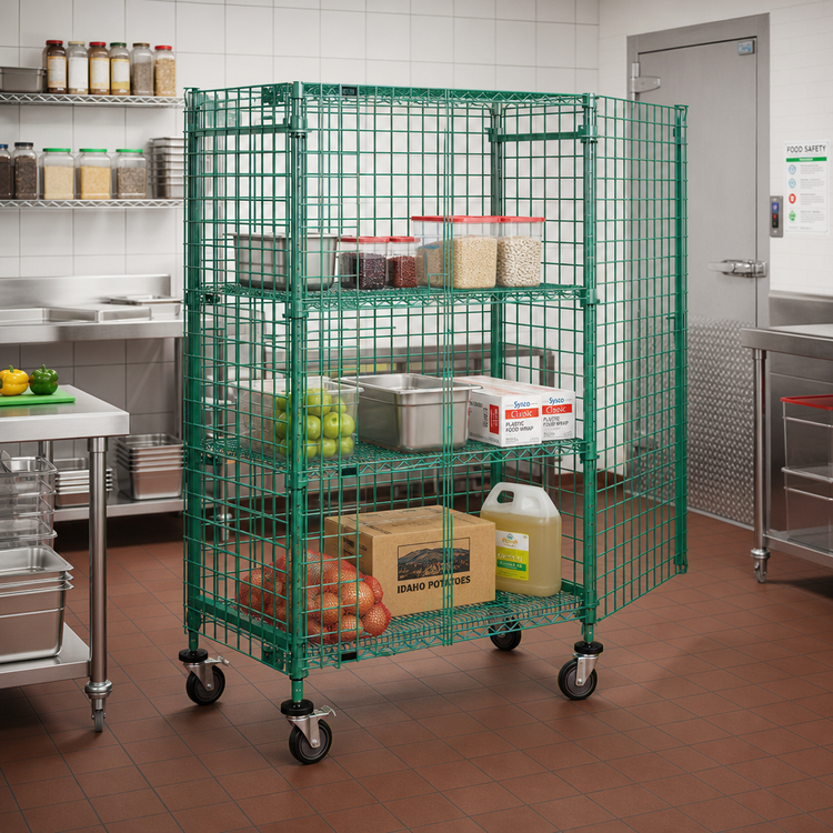 Product image #2 for Quantum Mobile Open-Wire Security Cage, 60 W x 24 D x 69 H, Green Epoxy, 2 Intermediate Shelves