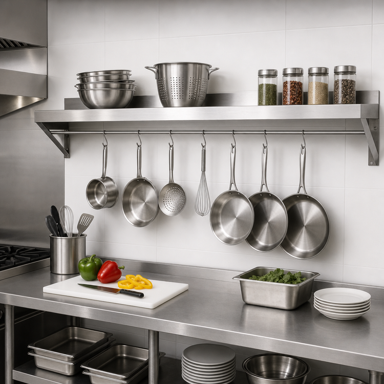 Product image #2 for Wall-Mount 18-Gauge Stainless Steel Overshelf with Pot Rack, 48 x 12 Inches
