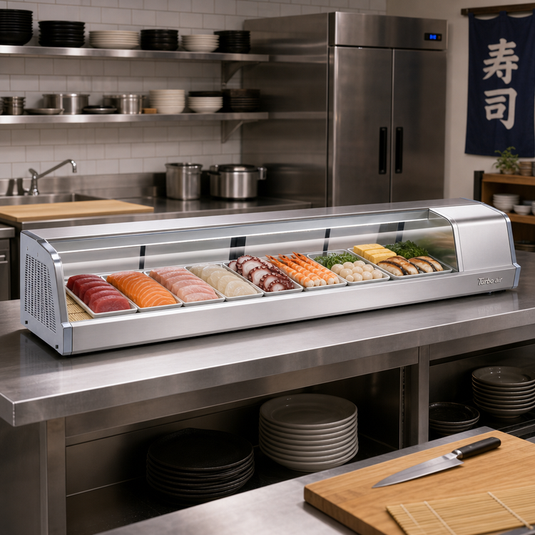 Product image #2 for Turbo Air SAK-70L-N Refrigerated Sushi Case with Left-Side Compressor, 71-1/4 Inch Countertop Display