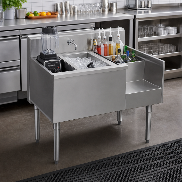 Product image #2 for Eagle Group 1800 Series Underbar Ice Bin/Cocktail Station with Center Ice Bin, Blender Recess, and Bottle Wells, 50" W x 20" D