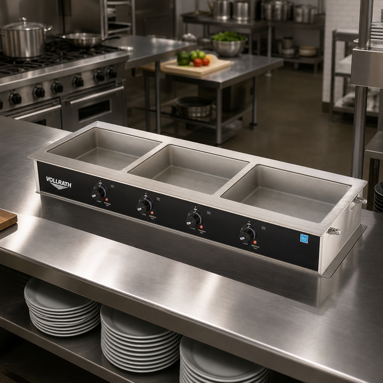 Product image #2 for Vollrath Short-Sided 3-Pan Drop-In Hot Well with Infinite Controls and Manifold Drain