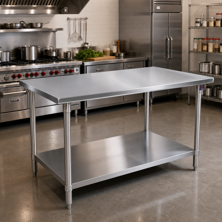 Product image #2 for John Boos Stallion 108-Inch x 30-Inch 14-Gauge 300 Series Stainless Steel Work Table with Stallion Safety Edge and Adjustable Undershelf