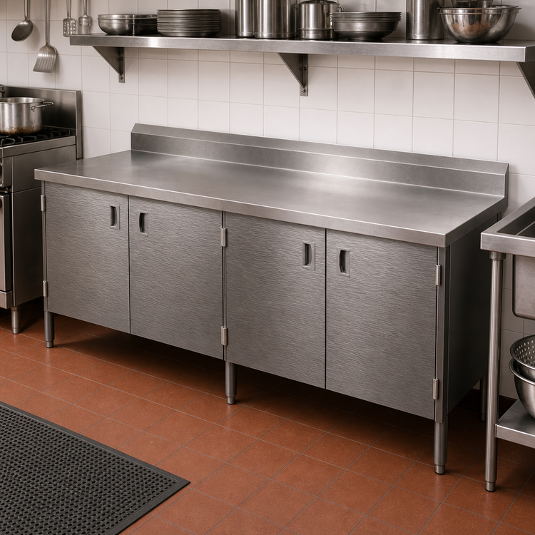 Product image #2 for John Boos Enclosed Base Work Table with Hinged Doors, 144 x 30 Inches, 16-Gauge 300-Series Stainless Steel Top, 5-Inch Backsplash