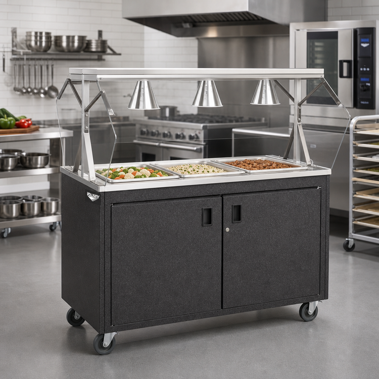 Product image #2 for Vollrath 2-Series Affordable Portable 46-Inch 3-Pan Non-Refrigerated Cold Food Station with Buffet Breath Guard, Lights, and Granite Storage Base with Doors