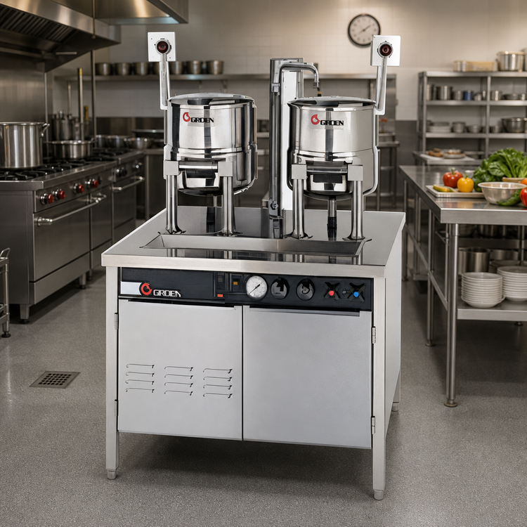Product image #2 for Groen Electric Double Kettle Cabinet Assembly with 2 x 20 Qt Hand-Tilt Kettles