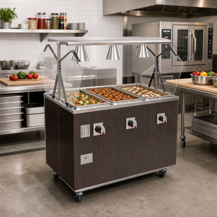 Product image #2 for Vollrath 2-Series Affordable Portable 3-Well Mobile Hot Food Station with Buffet Breath Guard and Lights, Walnut Woodgrain, 120V