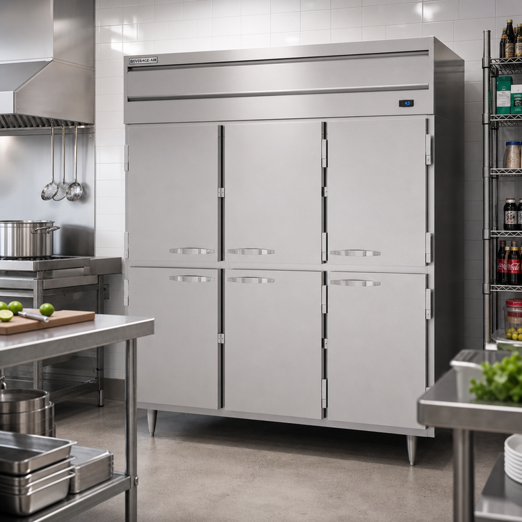 Product image #2 for Beverage Air P-Series Three-Section Pass-Thru Reach-In Refrigerator with 12 Solid Half Doors, 73.99 Cu. Ft.