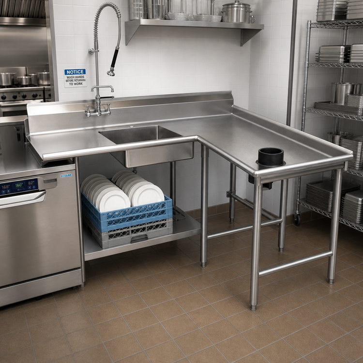 Product image #2 for Spec-Master Island Soiled Dishtable, 84-Inch Right-Hand, 14/304 Stainless Steel, 8-Inch Backsplash, 20 x 20 x 5 Pre-Rinse Sink