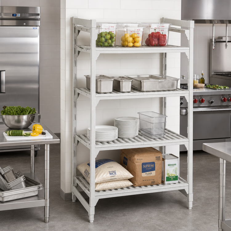 Product image #3 for Cambro Camshelving Premium 4-Tier Stationary Starter Polymer Shelving Unit, 21 x 54 x 84 Inches, Vented Shelves, Speckled Gray