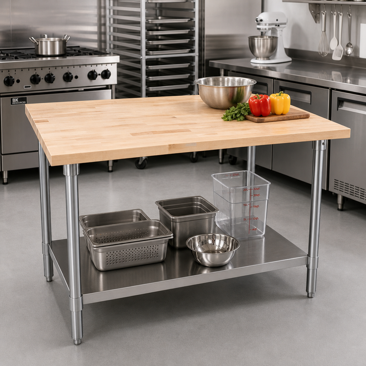 Product image #2 for BK Resources 48" x 30" Hard Maple Top Wood Work Table with Stainless Steel Legs and Adjustable Undershelf