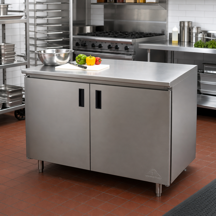 Product image #2 for Advance Tabco Special Value Series Economy Enclosed Cabinet Base Work Table, 48W x 30D, 16 Gauge 304 Stainless Steel Top
