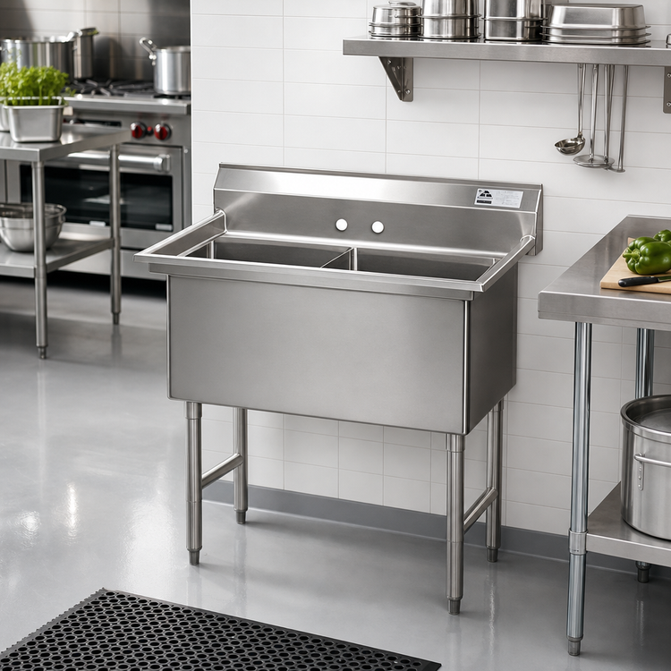 Product image #2 for Advance Tabco 2-Compartment Fabricated Sink, 16" x 20" x 14" Bowls, 16-Gauge 304 Stainless Steel