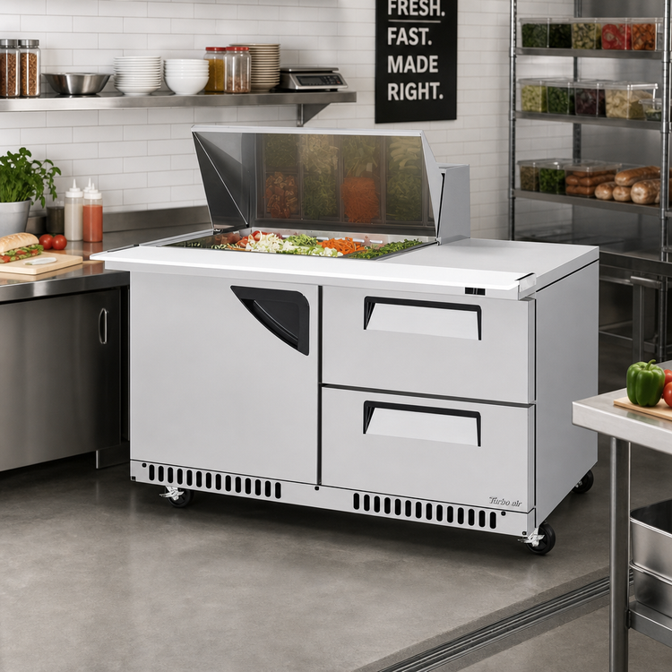 Product image #3 for Turbo Air Super Deluxe 60-Inch 2-Section Sandwich/Salad Prep Table Work Station with 12-Pan Mega Top, 2 Drawers, 1 Door, and Front Breathing Airflow