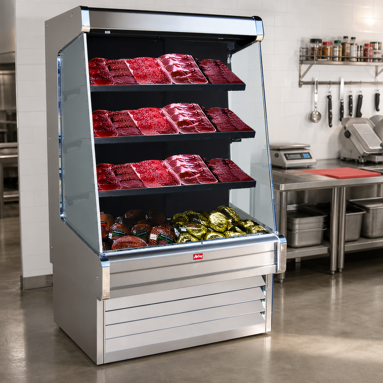 Product image #2 for Howard-McCray Ovation Series 51-Inch Remote Meat Open Merchandiser, 72-Inch Tall, 3-Tier LED Shelves, Stainless Steel