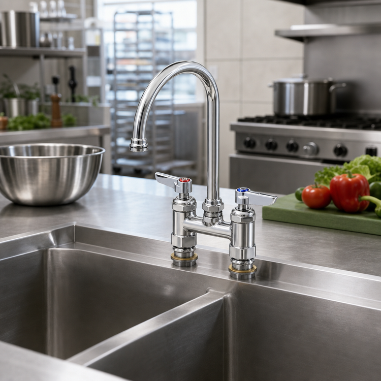 Product image #2 for T&S Brass Double Pantry Deck-Mount Mixing Faucet, 4-Inch Adjustable Centers, 5-3/4-Inch Swivel Gooseneck Spout
