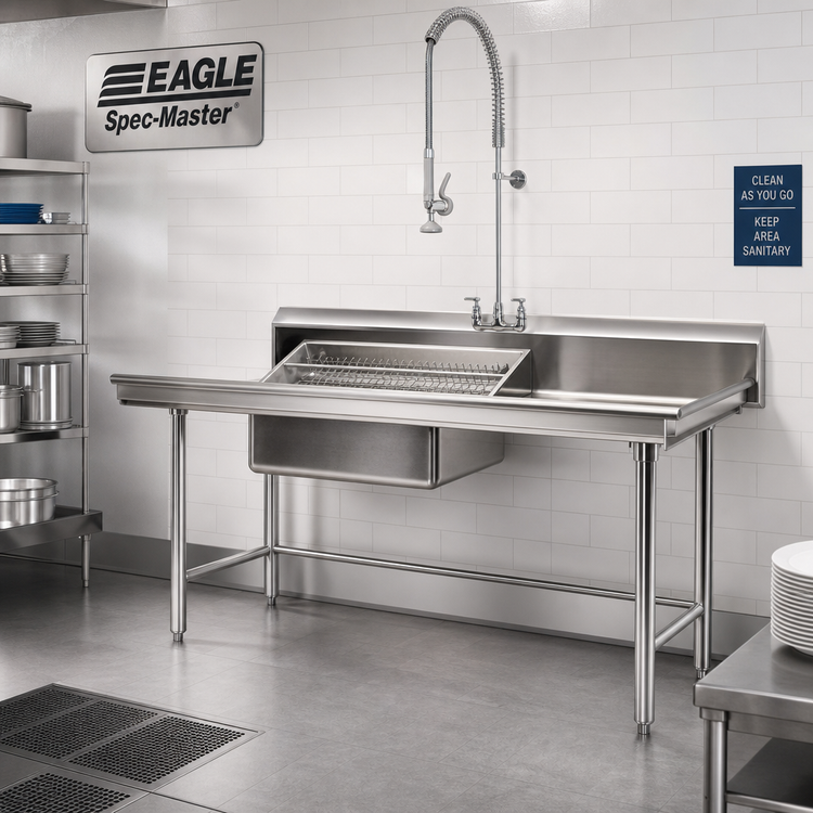 Product image #2 for Eagle Spec-Master Straight Soiled Dishtable with 20 x 20 x 5 Inch Pre-Rinse Sink, 60 x 30 Inches, Right-to-Left, 14/304 Stainless Steel