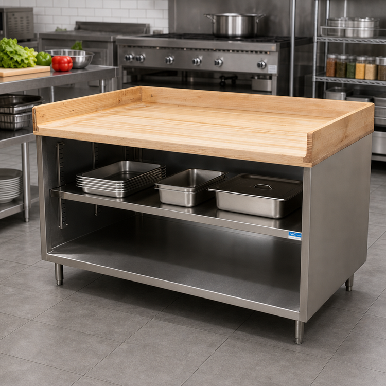 Product image #2 for BK Resources 48 x 36 Inch Chef Table with 1-3/4 Inch Hard Maple Top and Open Front Stainless Steel Cabinet Base