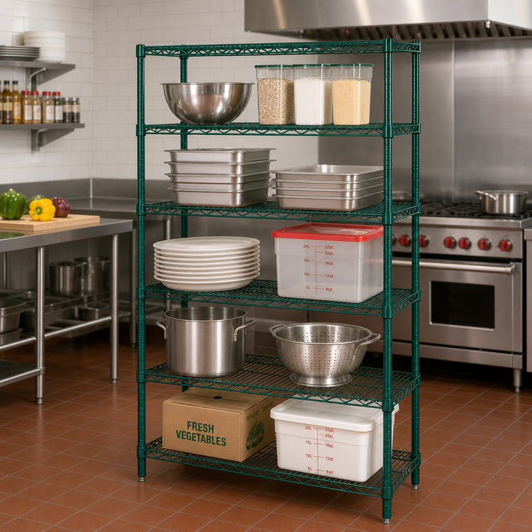 Product image #2 for Quantum 5-Shelf Wire Shelving Starter Kit, 42 x 30 x 63 in., Stationary, Green Epoxy Finish