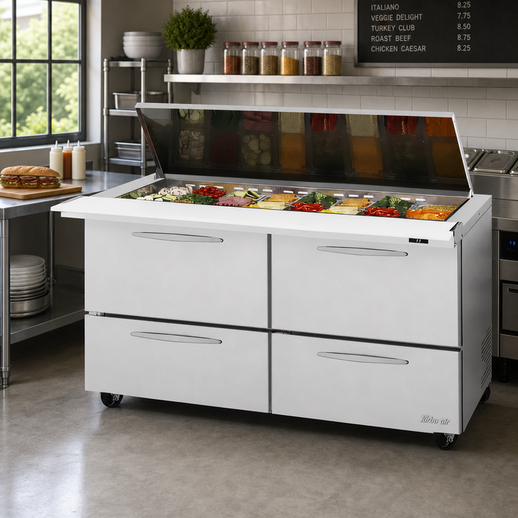 Product image #2 for Turbo Air PRO Series 60-1/4-Inch Two-Section Mega Top Sandwich/Salad Prep Table with Flat Lid, 24-Pan Top, 4 Drawers