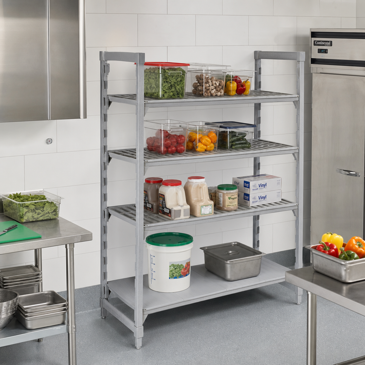 Product image #3 for Cambro Camshelving Premium 60" x 18" x 72" Stationary Starter Shelving Unit, 4-Tier, 3 Vented + 1 Solid