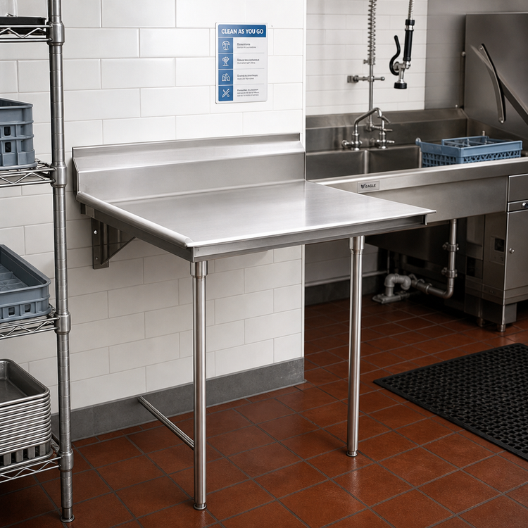 Product image #2 for Eagle Group Straight Clean Dishtable with 8-Inch Backsplash, 24 x 30 Inches, Right-to-Left, 16-Gauge 304 Stainless Steel Top