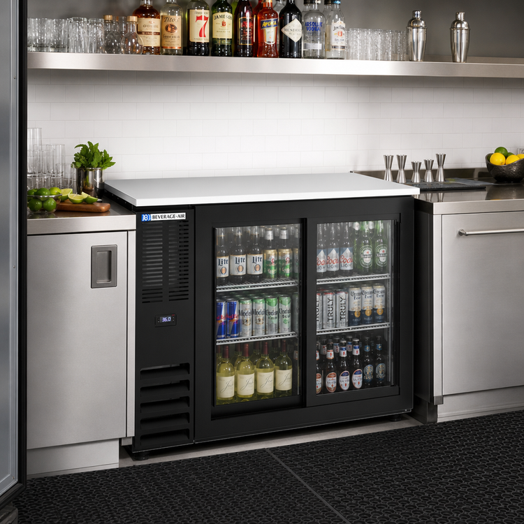Product image #2 for Beverage-Air Food-Rated 48-Inch Back Bar Refrigerator with Sliding Glass Doors, Black, Stainless Steel Top, 15.1 Cu. Ft.