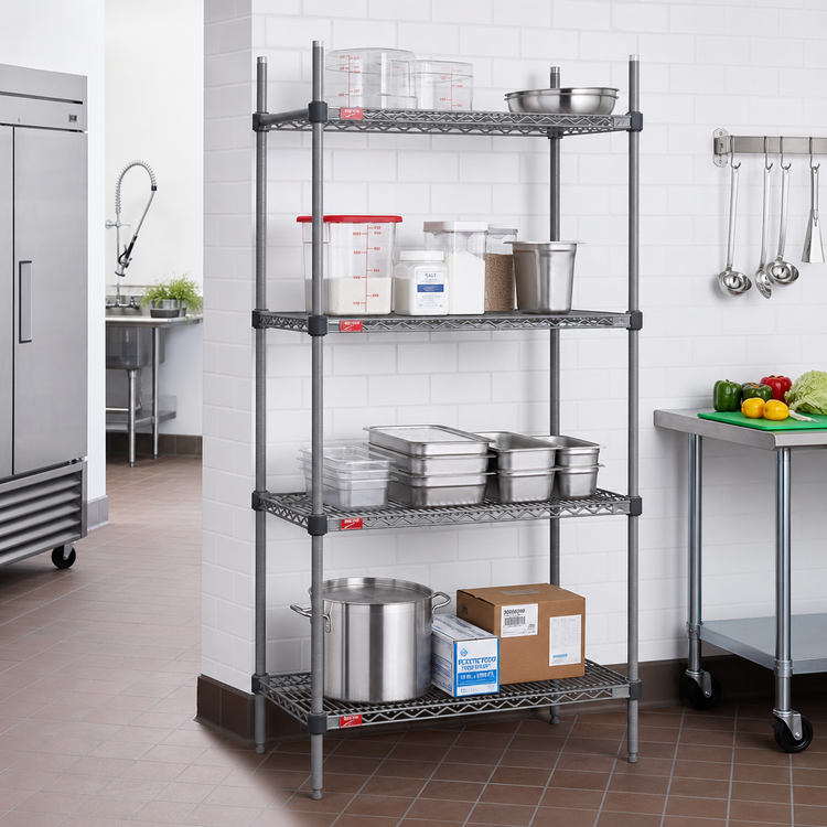 Product image #2 for Eagle Group Valu-Master Quad-Adjust 4-Tier Wire Shelving Starter Unit, 48" W x 18" D x 74" H, Pewter Gray Epoxy