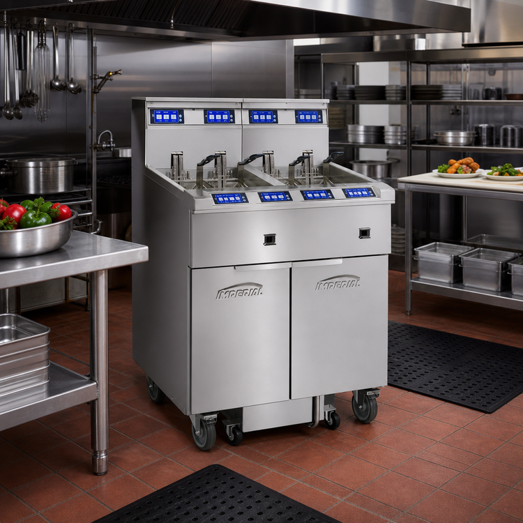 Product image #2 for Imperial Electric 5-Battery Floor Fryer with Built-In Space Saver Filter System, 75 lb. Tanks, Immersed Elements, Computer Controls