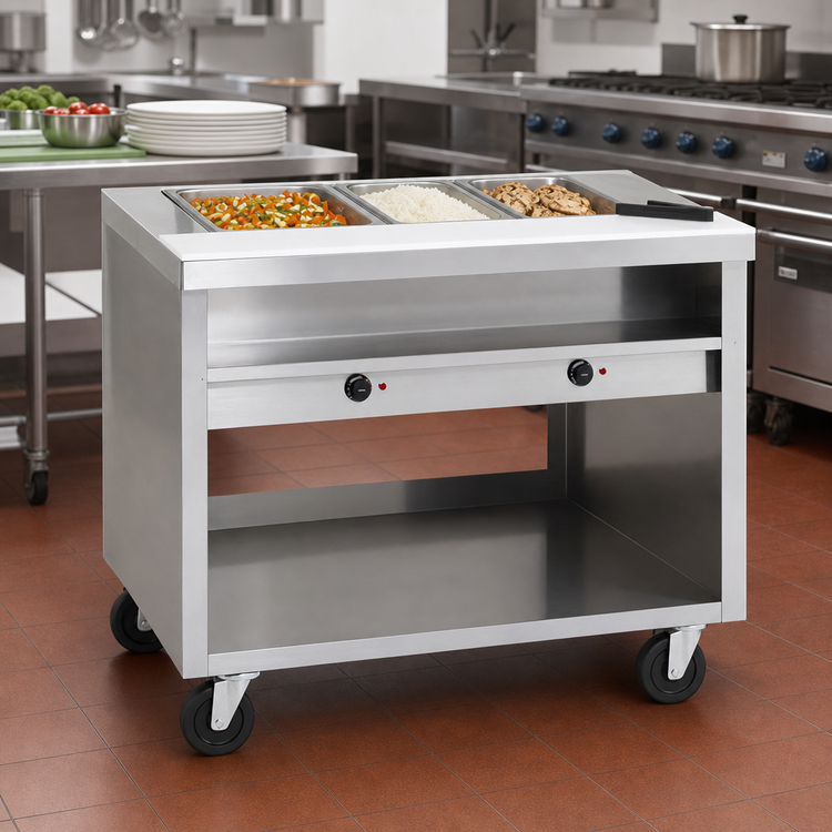 Product image #2 for 48-Inch Stainless Steel Electric 3-Well Hot Food Table with Casters and 8-Inch Cutting Board