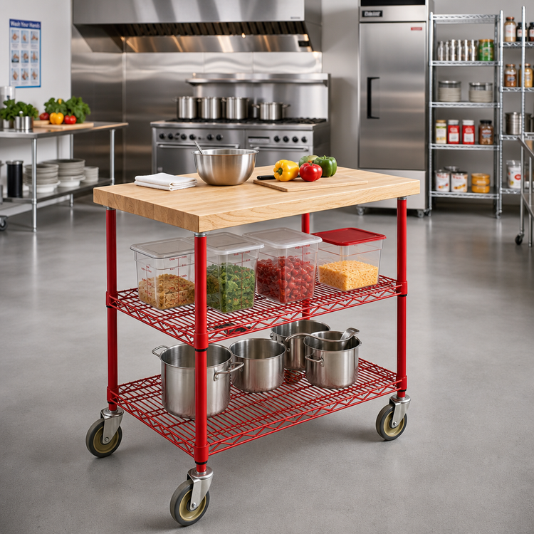 Product image #2 for Eagle Group QuadTruss 3-Tier Maple Top Demo Cart with 2 Wire Shelves, 36 x 24 x 34 Inches, Red Epoxy Finish
