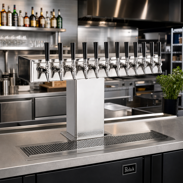 Product image #2 for Perlick Wide Base Countertop Glycol-Cooled Tee Draft Beer Tower, 12 Faucet, Extra High, Polished Chrome