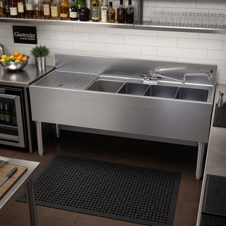 Product image #2 for Glastender Four Compartment Underbar Sink Unit with Left Drainboard and Deck-Mount Faucet, 60"W x 24"D