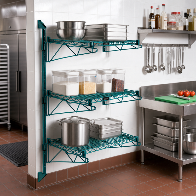 Product image #2 for Quantum Wall-Mounted Cantilever Starter Shelving Unit with 3 Wire Shelves and Green Epoxy Finish