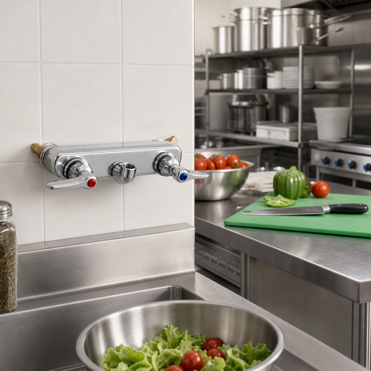 Product image #2 for T&S Brass 8-Inch Center Wall-Mount Workboard Mixing Faucet, Less Nozzle, Cerama Cartridges, Master Pack of 6
