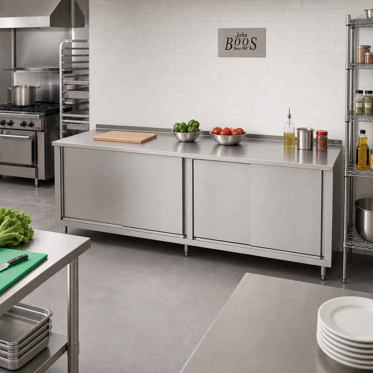 Product image #2 for John Boos 120-Inch x 30-Inch Stainless Steel Cabinet Base Work Table with Sliding Doors and 1-1/2-Inch Rear Riser