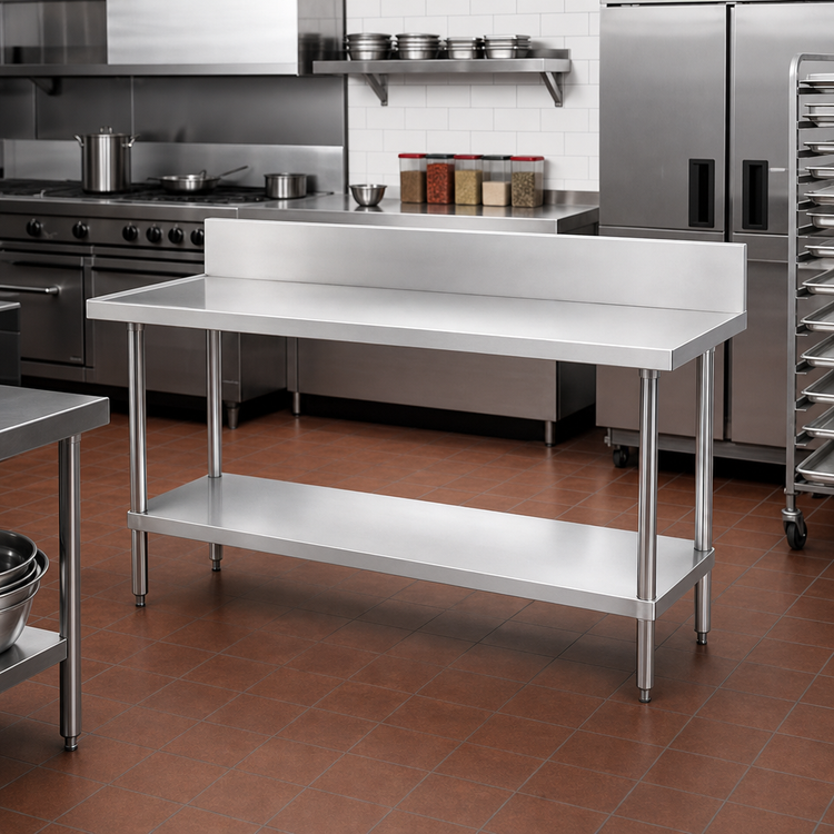 Product image #2 for Advance Tabco 60-Inch x 30-Inch 14-Gauge 304 Stainless Steel Work Table with 10-Inch Backsplash and Adjustable Undershelf