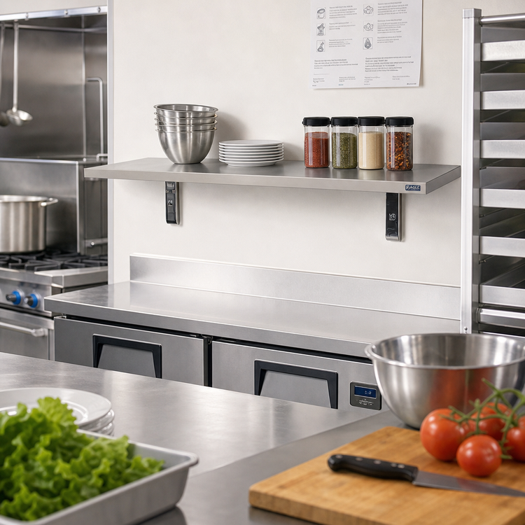 Product image #2 for Eagle Group 36 Inch W x 10 Inch D Wall-Mounted Drop Shelf, 16/304 Stainless Steel with Wooden Core