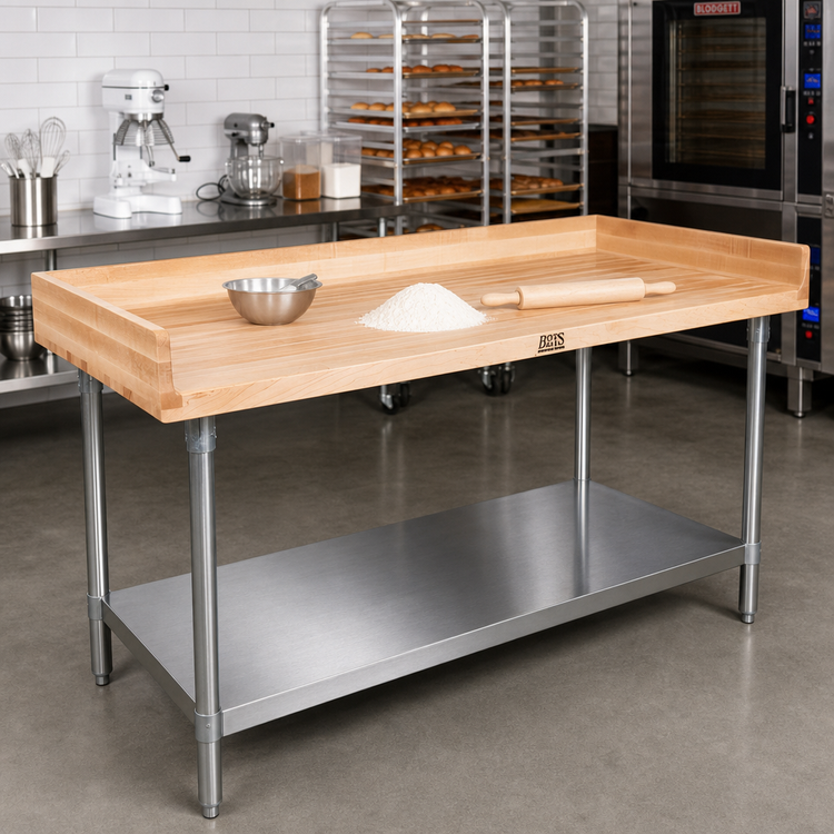 Product image #2 for John Boos Bakers' Table with 1-3/4-Inch Northern Hard Rock Maple Top, 4-Inch Coved Riser, and Stainless Steel Undershelf