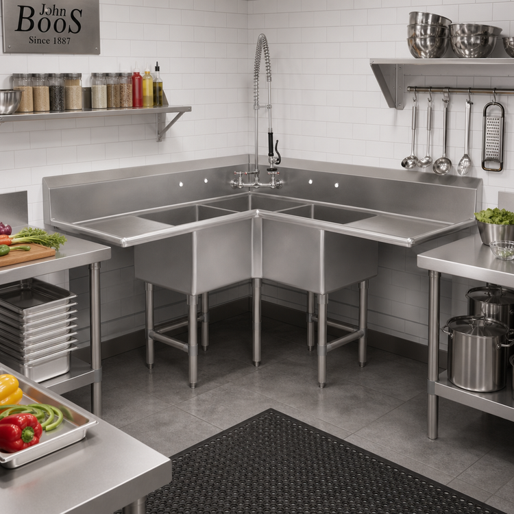 Product image #2 for John Boos E-SERIES 3-Compartment Corner Sink with Dual 24-Inch Drainboards, 75-Inch Corner-to-Edge