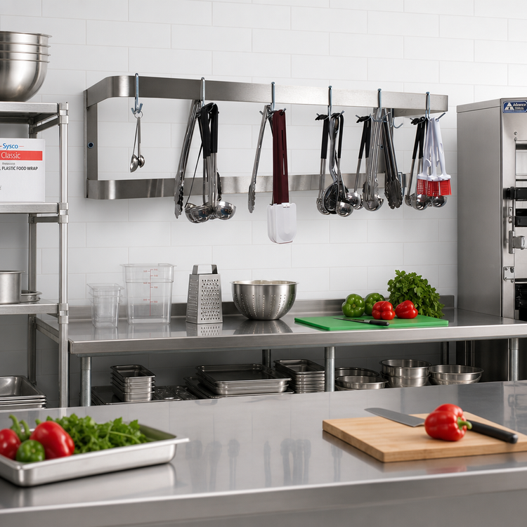 Product image #2 for Advance Tabco 120-Inch Wall-Mounted Double-Bar Stainless Steel Pot Rack with 18 Hooks